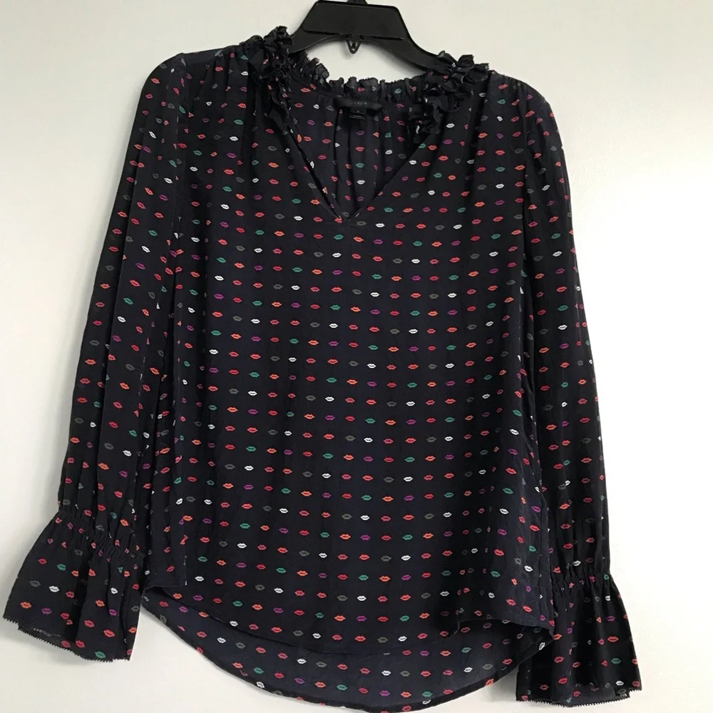 J. Crew Ruffle-neck Silk Top Lips Print